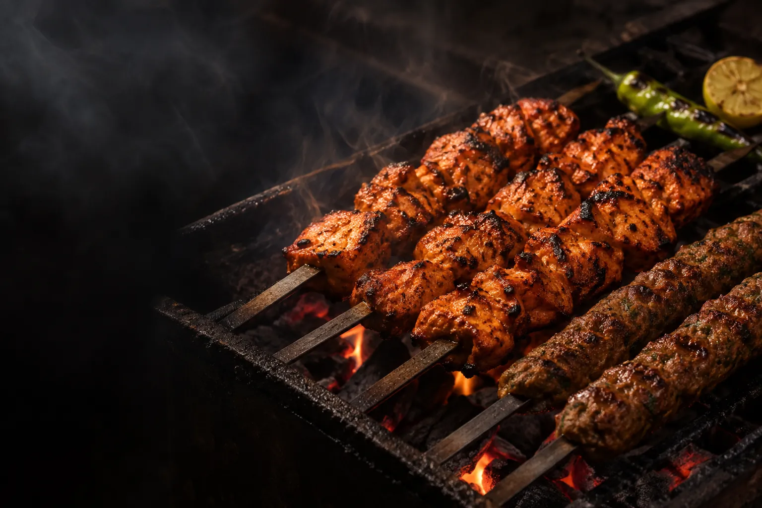 Chicken tikka and seekh kebabs sizzling over glowing charcoal