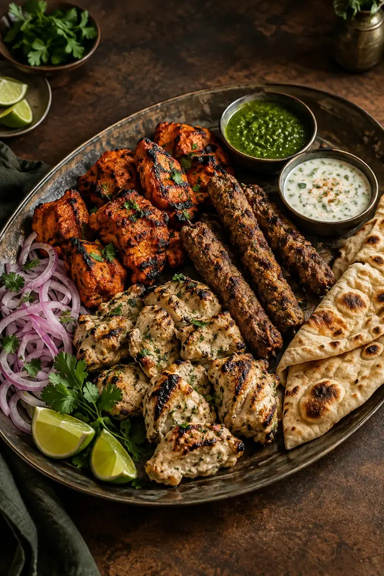 A charcoal BBQ spread with tikka, seekh kebabs, naan and chutneys
